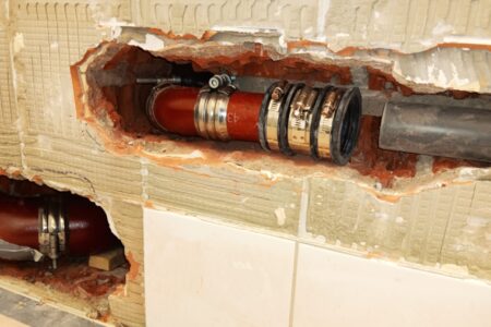 Freigelegte Abwasserleitung in einer gefliesten Wand mit rotem Gussrohr und flexibler Rohrkupplung mit Metallschellen.